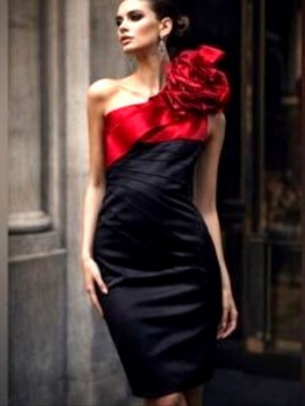 Karen Millen Fitted Bodycon Red Rose Black Wrap Design One Shoulder Dress